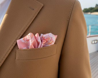 Pink Roses Floral Silk Twill Pocket Square- Double Sided - Luxury