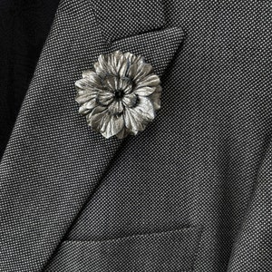 Apollo Silver Leather Flower Lapel Pin with Black Spinel Gemstone