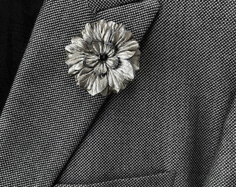 Apollo Silver Leather Flower Lapel Pin with Black Spinel Gemstone