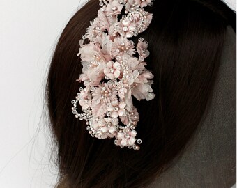 Blush Pink Nalani Couture Flower Bridal Hair Comb - Freshwater Pearl and Swarovski