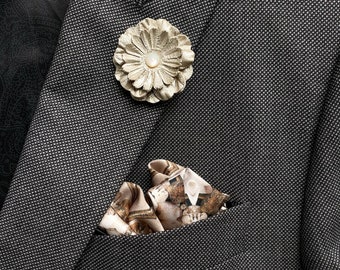 Gold and Black Snake Silk Pocket Square and Bronze Black Metallic Leather Lapel Pin Set