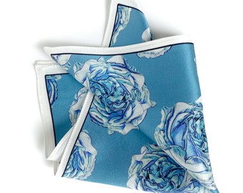 Art Series - Blue Rose Silk Satin Pocket Square Gift For Men Handkerchief