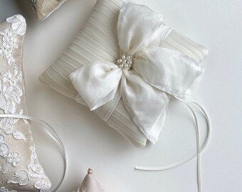 Alexandra Pearl Flower Ivory Pleated Tulle Silk Bow Ring Bearer Pillow