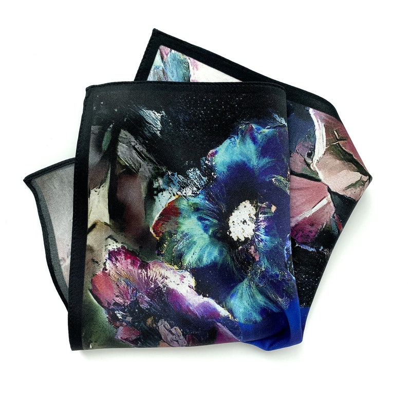 Art Series Travel By Night Floral Blue Pink Purple Silk Satin Pocket Square Gift For Men Handkerchief image 2