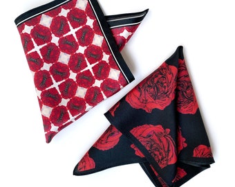 Set of 2 - Red Ivory and Black Floral Silk Satin Pocket Squares - Gift For Men Handkerchief