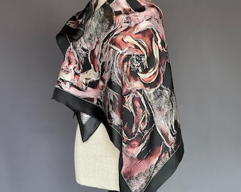 Luxury Gift - Mystery Rose Black and Pink Silk Twill Scarf - Hand Rolled
