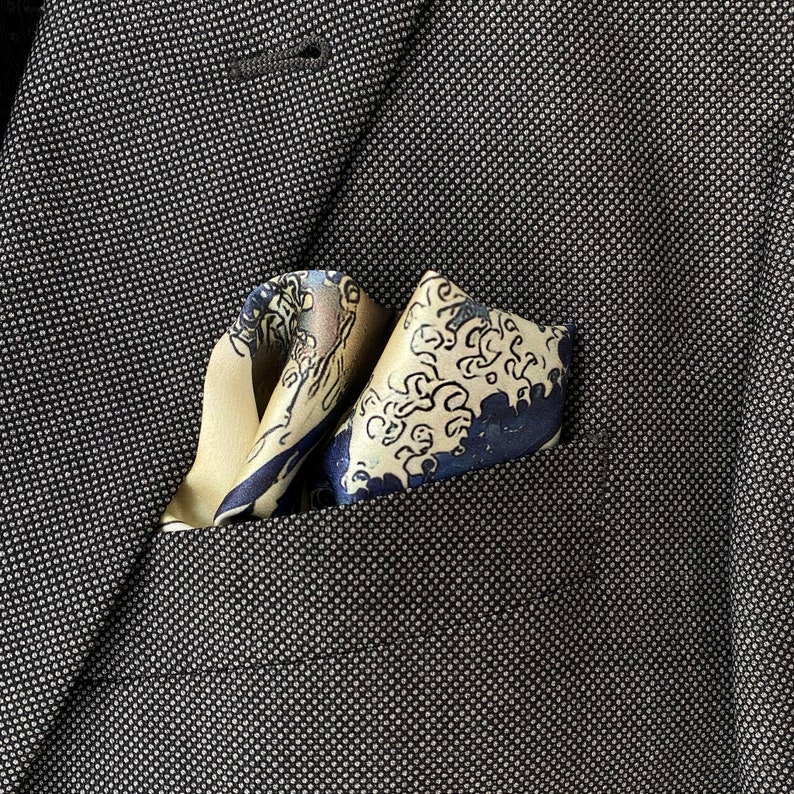 Art Series The Wave Rose Hokusai Inspired Blue Silk Satin Pocket Square Gift For Men Handkerchief image 3