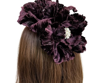 Diva Large Flower Aubergine Plum Silk Velvet Statement Floral Hair Comb