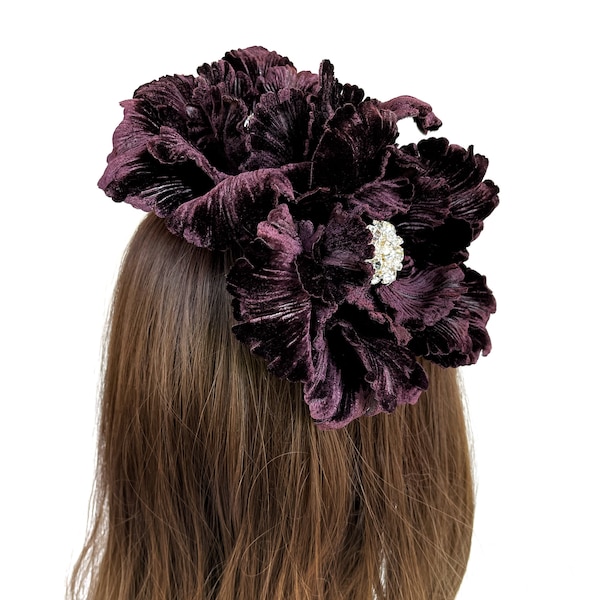 Diva Large Flower Aubergine Plum Silk Velvet Statement Floral Hair Comb