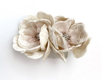 Layla Silk Velvet Pink Champagne Pearl and Crystal Floral Comb Fascinator