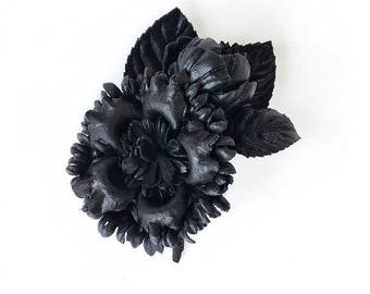 Lawson Black Leather Floral Lapel Pin Boutonniere - Special Order