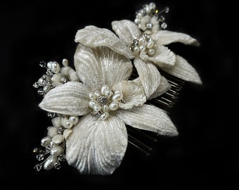 Forever Orchid Ivory Silk Velvet Couture Flower Bridal Hair Comb - Freshwater Pearl and Swarovski