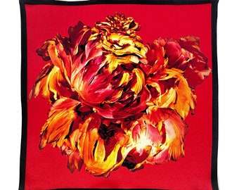 Art Series - Red Peony Silk Satin Pocket Square Gift For Men Handkerchief