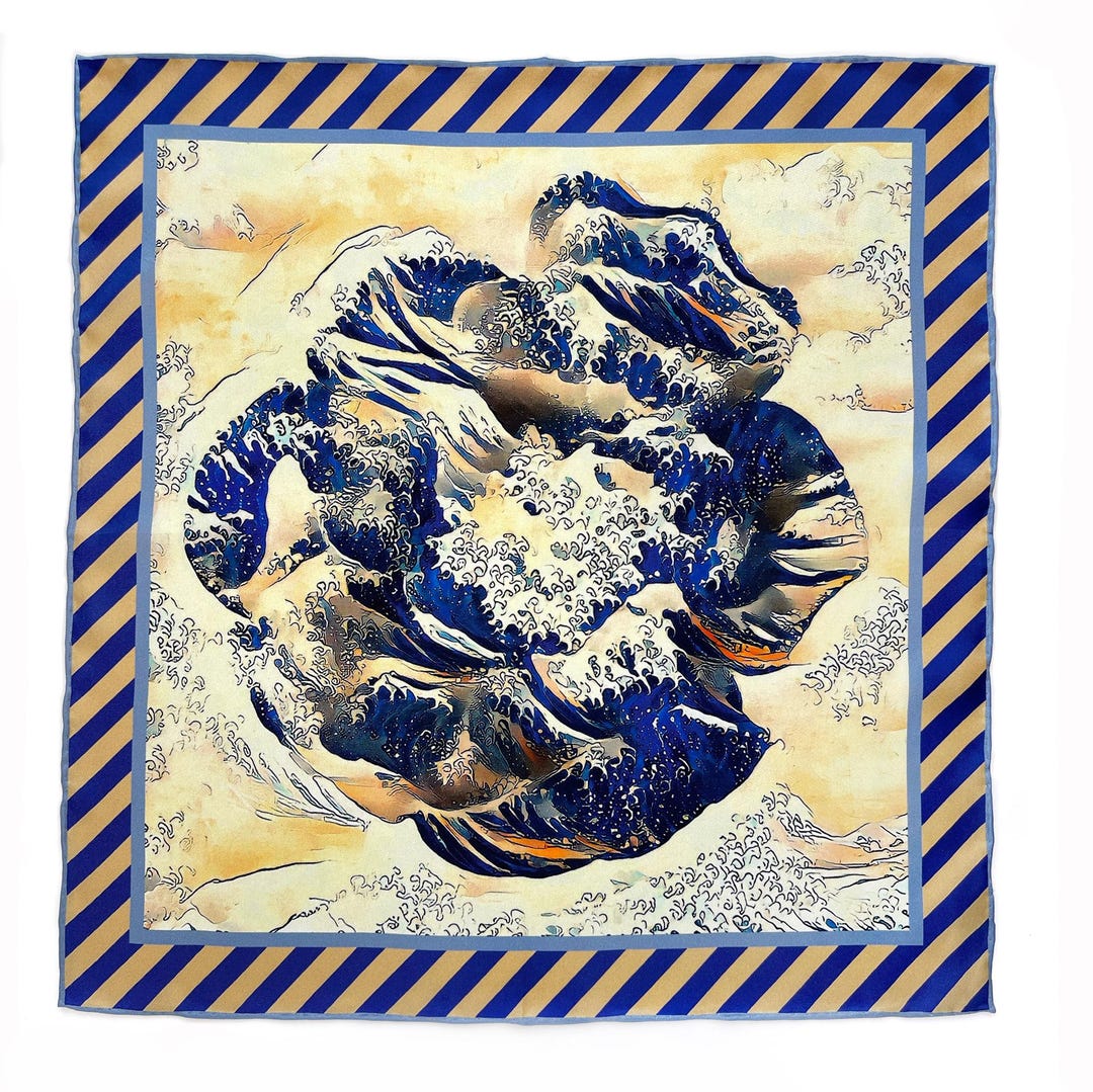 Hand Rolled Pocket Square - Wave Rose Blue and Gold Silk Twill - Larger ...