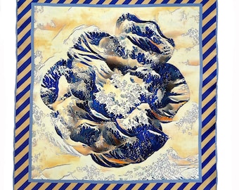 Hand Rolled Pocket Square - Wave Rose Blue and Gold Silk Twill - Larger Size - Handkerchief