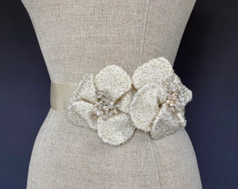 Corsica Ivory Beaded and Jeweled Silk Double Flower Bridal Sash