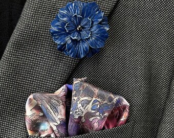 Art Series - Depth of Heart Silk Satin Pocket Square + Blue Leather Apollo Lapel Pin - Gift For Men Handkerchief