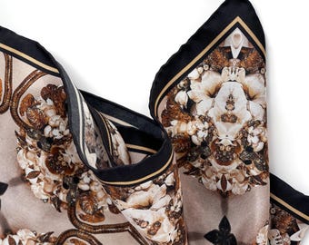 Floral Silk Pocket Square: Gold & Black Hand-Rolled Handkerchief