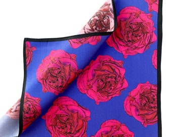 Art Series - Blue Bright Fuchsia Pink Rose Silk Satin Pocket Square Gift For Men Handkerchief