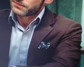 Hand Rolled Black Print Pocket Square - Beacon Black Floral Silk Twill - Larger Size - Handkerchief
