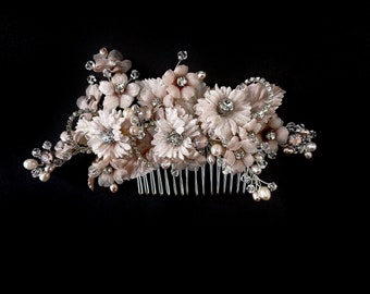 Blush Pink Sincerity Couture Flower Bridal Hair Comb - Freshwater Pearl and Swarovski