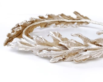 Beige Champagne Silk Velvet Oak Leaf Hair Crown Wreath Halo
