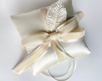 Grace Ivory Silk Satin Layered Leaf Velvet Bow Ring Bearer Pillow