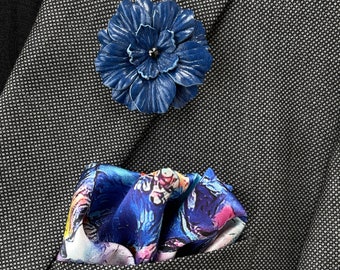Art Series - Euphoria Flower - Blue Aqua Orange Pink Silk Satin Pocket Square + Blue Leather Lapel Pin - Gift For Men Handkerchief