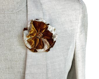Golden Silk Velvet and Crystal Flower Brooch - Luxury Fashion Accessory - Silk Floral Pin