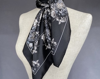 Small Beacon Silk Scarf in Black and Slate Grey Floral
