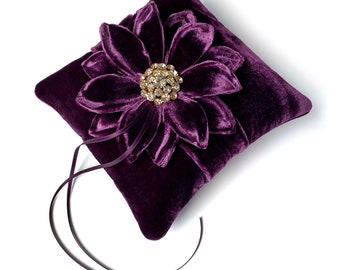 Couture Eggplant Purple Silk Velvet Flower Ring Bearer Pillow - Gold Crystal Center