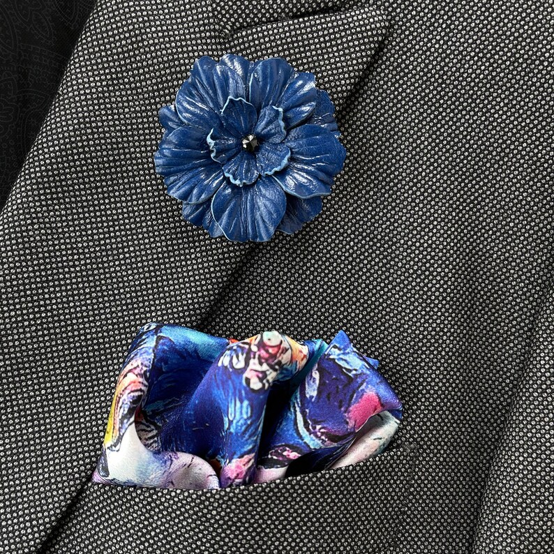 Apollo Blue Leather Flower Lapel Pin with Black Spinel Gemstone image 2