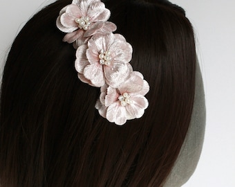 Blush Pink Silk Velvet Isla Triple Flower Bridal Hair Comb - Pearl and Crystal