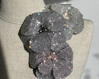 STARLIGHT Sparkle Couture Crystal Pearl Gemstone Centered Flower Brooch - Silk Velvet and Pearl - Ivory Peacock or Purple