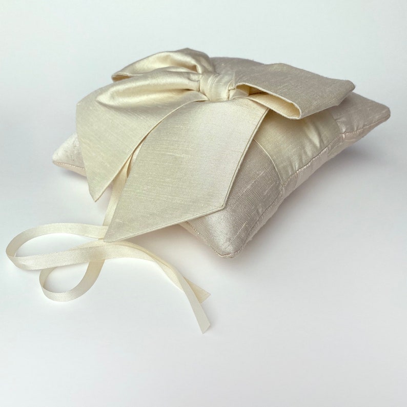 Sara Champagne Silk Ring Pillow With a Cream Dupioni Bow image 2