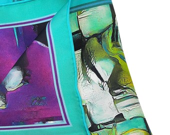 Hand Rolled Pocket Square - Painted Roses Green and Purple Silk Twill - Double Sided
