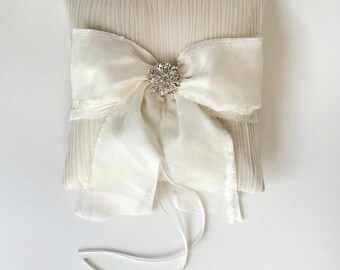 Alexandra Ivory Rhinestone Crystal Pleated Tulle Silk Bow Ring Bearer Pillow