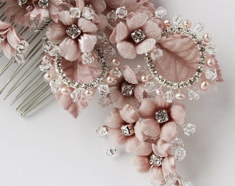 Blush Pink Nalani Couture Flower Bridal Hair Comb - Freshwater Pearl and Swarovski