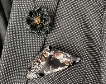Bronze and Black Leather Flower Lapel Pin with Tiger's Eye Gemstone
