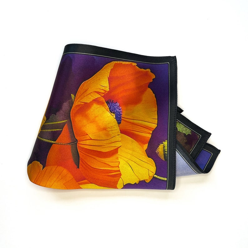 Pañuelo de bolsillo de satén de seda con flor de amapola naranja imagen 2