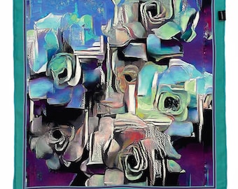 Hand Rolled Pocket Square - Painted Roses Green and Purple Silk Twill - Double Sided