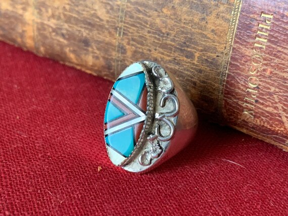 Superb Vintage Native American Navajo Inlay Turquoise Mother Of Pearl Sterling Silver Huge Ring Superb Vintage Native American Navajo Inlay Turquoise Mother Of Pearl Sterling Silver Huge Ring