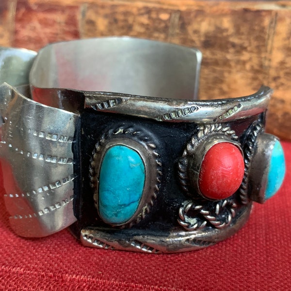 Remarkable Silver Turquoise and Coral Native American Bracelet marked 'Sterling'