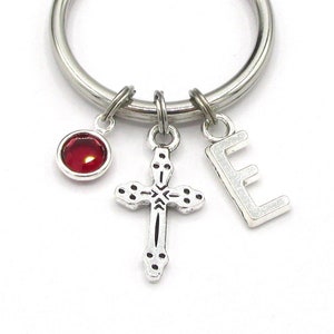 Cross Keychain- birthstone and initial, Cross Keyring, Crucifix Accessories, Christian Gift for Her, Easter Gift, Personalized Jesus God