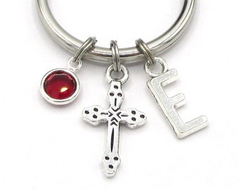 Cross Keychain- birthstone and initial, Cross Keyring, Crucifix Accessories, Christian Gift for Her, Easter Gift, Personalized Jesus God