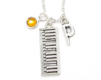 Piano Necklace- birthstone and initial, Piano Jewelry, Keyboard Necklace, Piano Pendant, Piano Keys Necklace, Piano Teacher Key Jewelry
