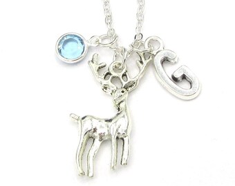 Deer Necklace- birthstone and initial, Deer Jewelry, Deer Gift, Deer Elk Moose Caribou Jewelry for Her, Silver Deer Gift, Woodland Jewelry