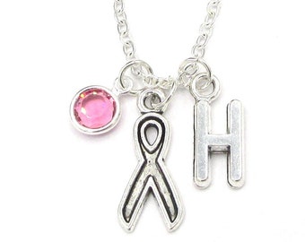 Awareness Necklace- choose a birthstone and initial, Awareness Jewelry, Cancer Awareness Pendant Necklace, Autism, Breast Cancer, Support