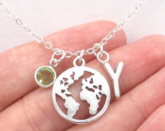 World Map Necklace- birthstone and initial, World Jewelry, Travel Gift, Globe Charm, Travel Jewelry, Travel Necklace, Globe Pendant, Travel