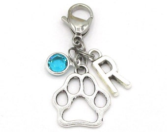 Paw Print Zipper Pull- birthstone and initial, Paw Print Bag Pull, Personalized Paw, Paw Zipper Charm, Pawprint Zipper Pull, Silver Pawprint